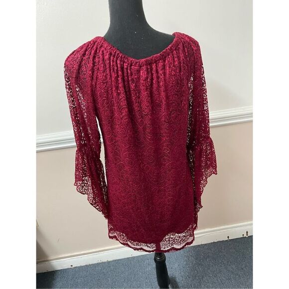 New Directions Burgundy Lace Off The Shoulder Blouse - Picture 3 of 5